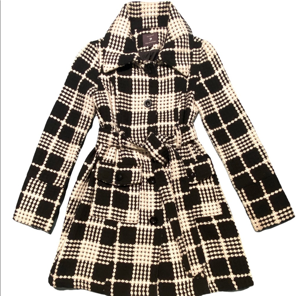 Forever 21 Black & White Plaid Pea Coat - Small
